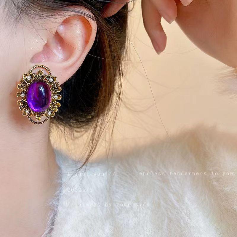 Purple Gemstone Stone Hole-less Ancient Pearl Ear Clip Earrings for Women