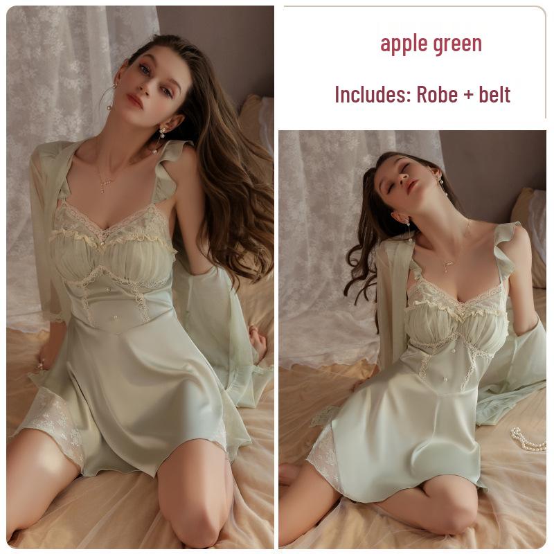 Plus Size Backless Ice Silk Push-Up Camisole Nightgown Robe Set