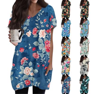 Women's Fashionable And Casual V-neck Floral Print Mid Length Pocket Short Sleeved Top