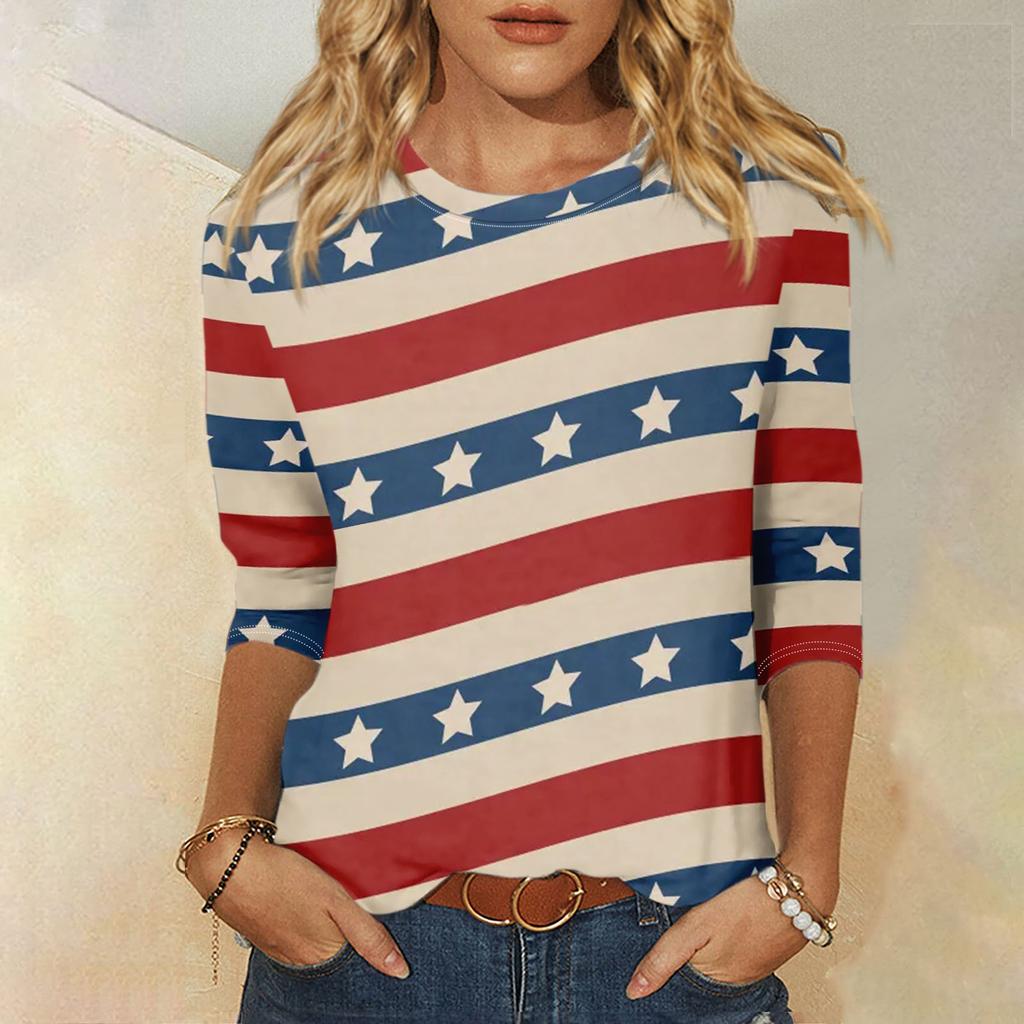 Damenmode, lässig, Rundhalsausschnitt, 3/4-Ärmel, lockeres bedrucktes T-Shirt, Damen-Top