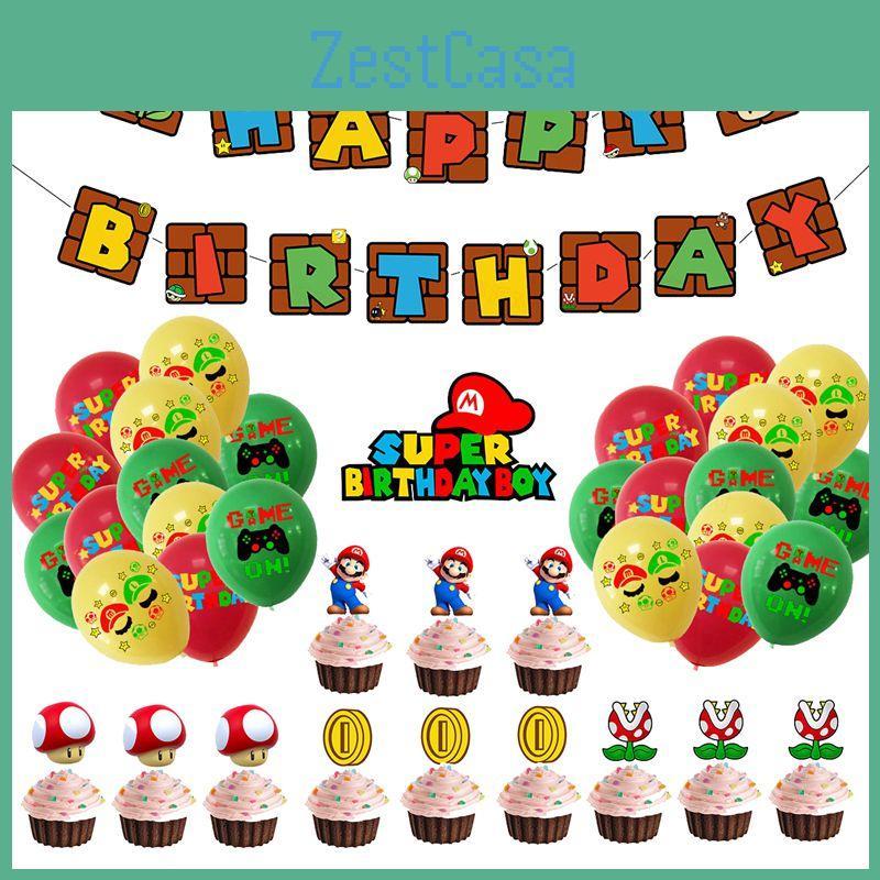 Mario Birthday Super Party Decor Suit Supplies Set Balloon Banner Cake Topper