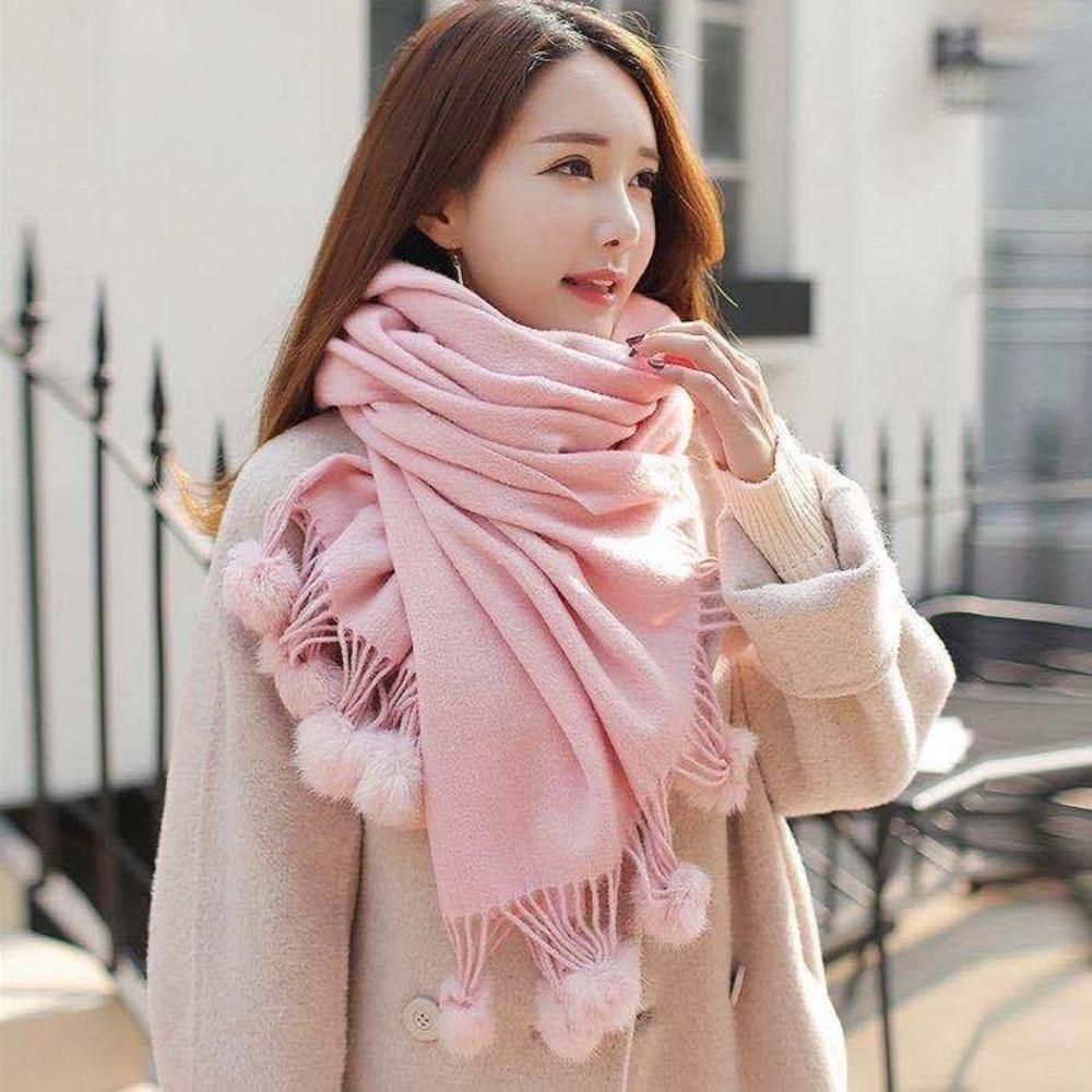 Oversized Rabbit Fur Pom Pom Scarf Solid Color Oversized Pashmina Poncho Outdoor Wear