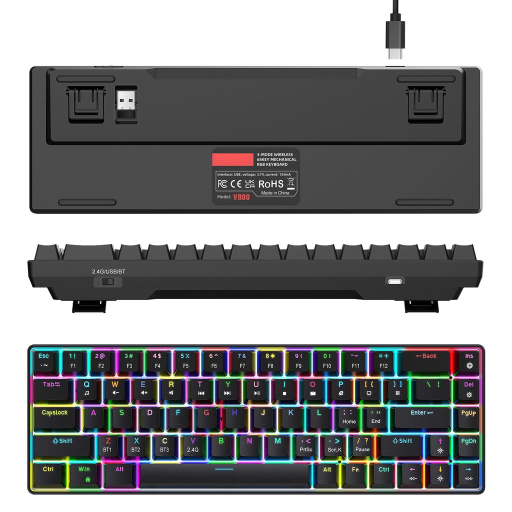 68 Keys Mechanical Keyboard Hot Swappable Red Switch RGB Backlit Wireless Wired BT 5.0 Black 3 Mode