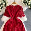 Summer Formal Evening Dress Women Hollow Out Crochet Lace Embroidery Party Long Dresses Female Short Sleeve Midi Dress