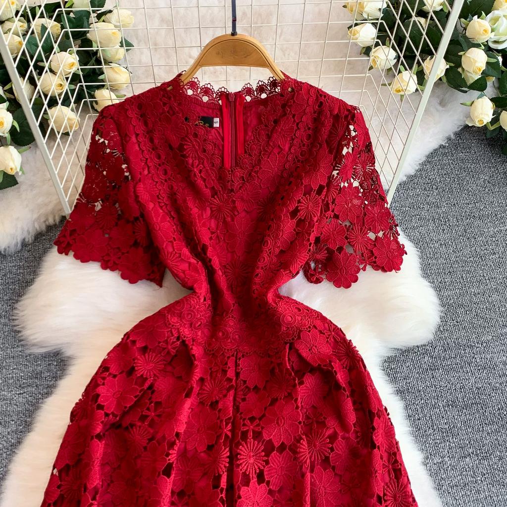 Summer Formal Evening Dress Women Hollow Out Crochet Lace Embroidery Party Long Dresses Female Short Sleeve Midi Dress