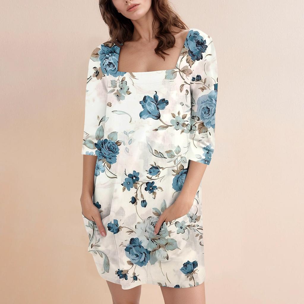 Women's Fashion Casual Print Square Neck 3/4 Sleeve Short Dress