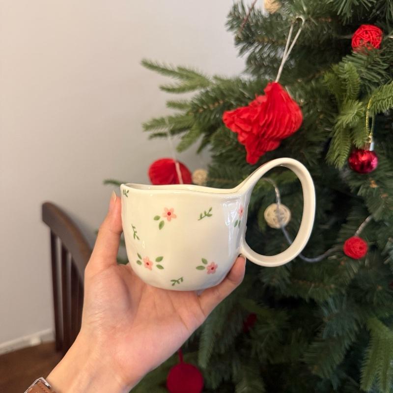 2025 New Collection Ceramic Mug Hand-Painted Flower Strawberry Design Cute Irregular Ceramic Coffee Cup with Large Handle