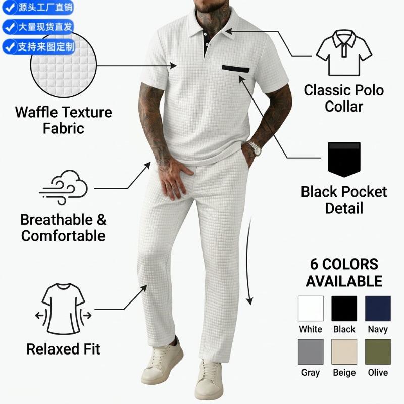 Solid Waffle Mens Casual Short Sleeve Polo Shirt And Long Pants Set