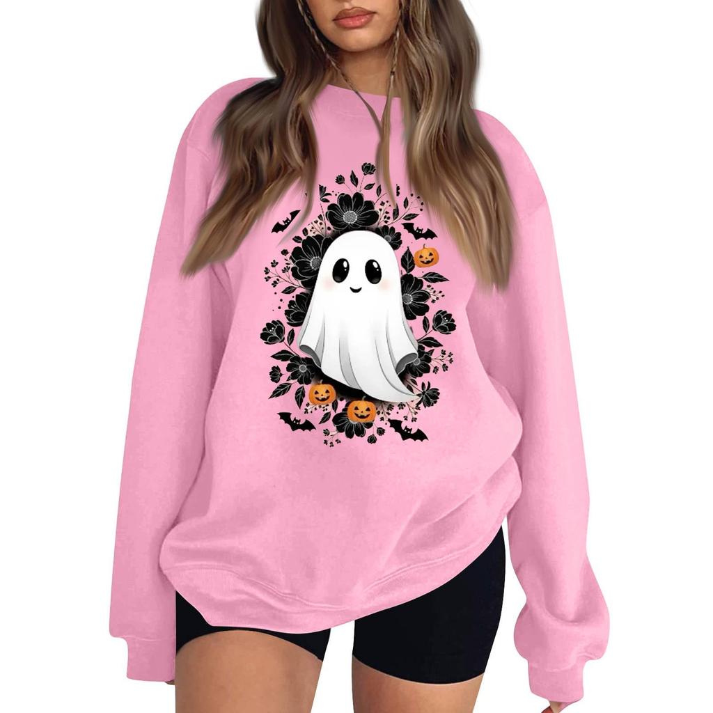 Women's Neck Long Sleeve Loose Fit Casual Sweatshirt Pullover Top with Halloween Print