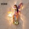 Artistic Wall Lamp for Living Room Fairy Night Light, Resin Elf Sculpture Lantern Bedroom, 3D Flower Hanging Art Decor with Faux Crystal Pendant,