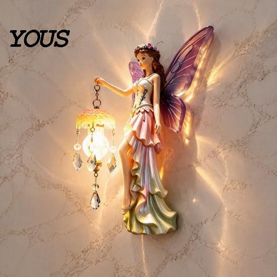 Artistic Wall Lamp for Living Room Fairy Night Light, Resin Elf Sculpture Lantern Bedroom, 3D Flower Hanging Art Decor with Faux Crystal Pendant,