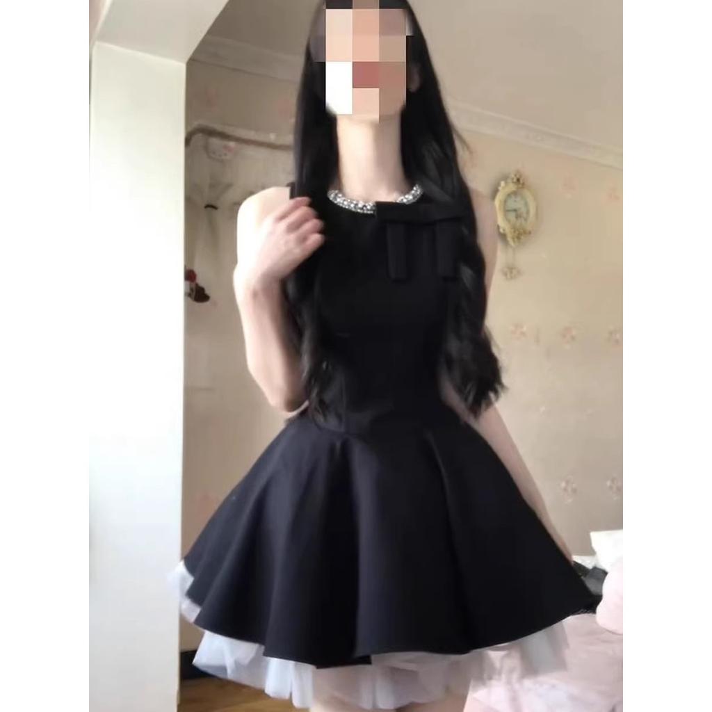 French Rich Daughter Black Vest Dress Women's Summer Hepburn Style Birthday Dress Princess Fluffy Dress