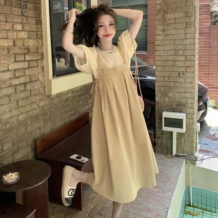 Fashion Suit, Slightly Fat Women's Bubble Sleeve Top, Covering the Meat and Showing Thinness, Strap Skirt, Large Size Fat Mm Dress, Foreign Style Two