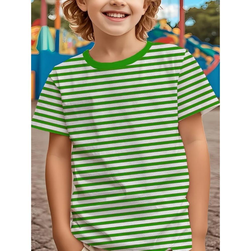 Children's clothing, solid color stripes, 3D printing, casual retro short sleeved T-shirt, summer round neck children's T-shirt