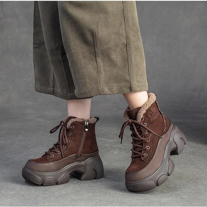 Johnature Plush Warm Genuine Leather Commuting Short Boots Retro Thick Soled Women's Shoes