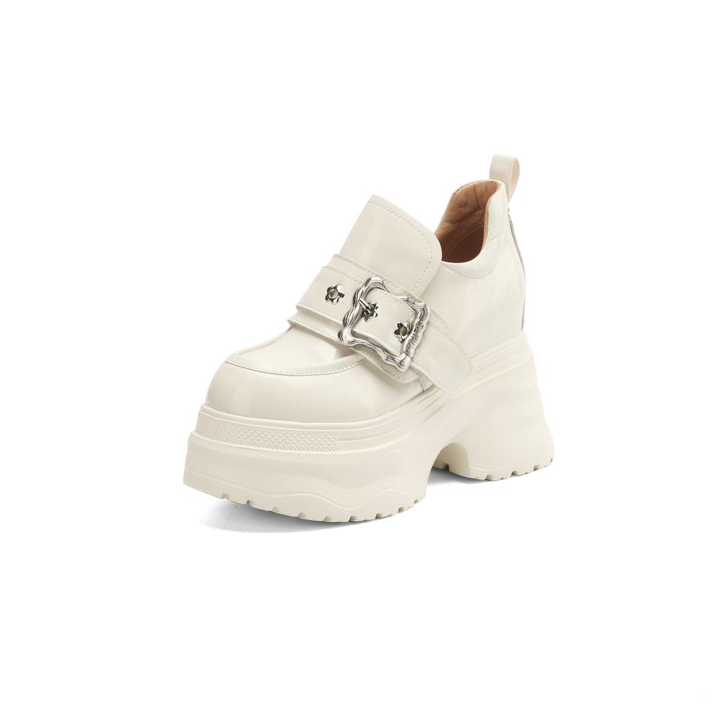 12cm Inner Height Increase Leather Women's Shoes Thick-soled Thin Loafers 2025 New Round Head Waterproof Table Muffin Sole Single Shoes