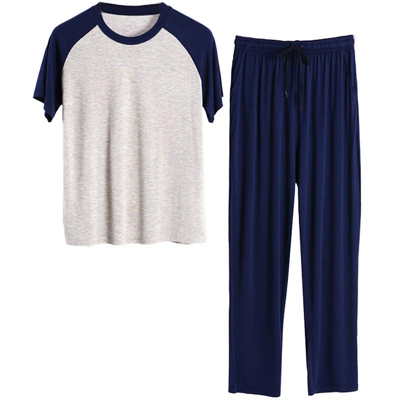 Men's Ice Silk Modal Pajama Set, Short Sleeve & Long Pants, Plus Size, Spring/Summer Casual Home Wear