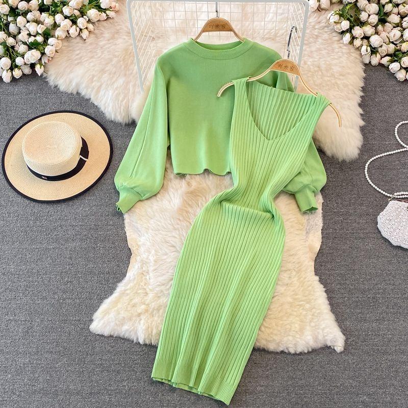Fashion Short Loose Round Neck Sweater Fall and Winter Two-piece Set of Female Elastic Tight Undershirt Dress In Long Dresses