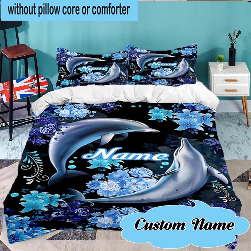 Custom Name 3PCS Love Dolphins Heart Bedding Set Including 1pc Duvet Cover And 2pcs Pillowcases for Bedroom, Dormitory Gift Home Decor