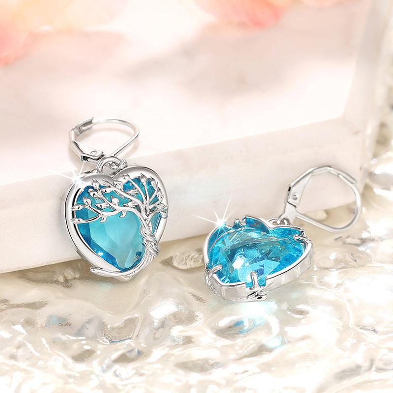 925 Sterling Silver Blue Crystal Heart Zircon Earrings For Woman Vintage Tree Shaped Engagement Charm Jewelry Gift