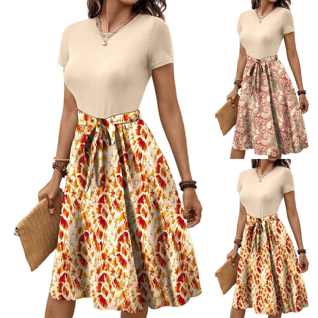 Kvinners moteriktige retro-mønstrede trykk fargeblokkert belte avslappet kjole