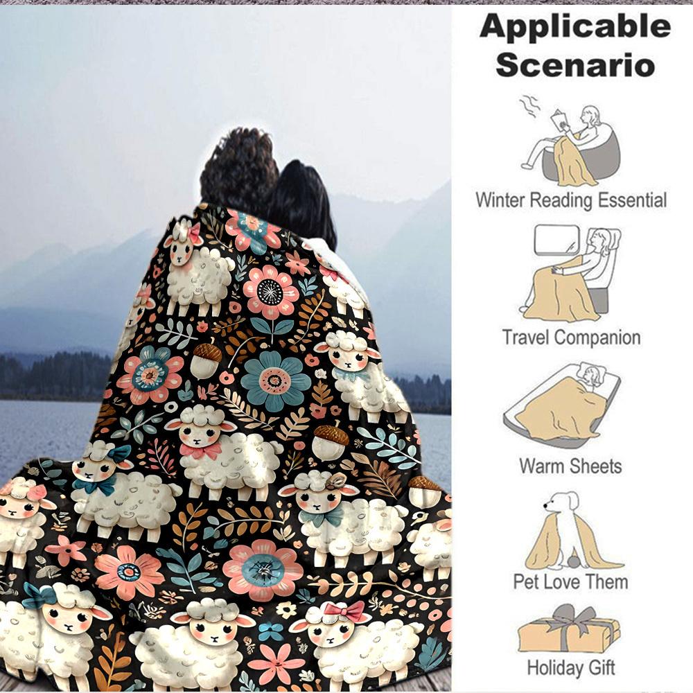 1pc Sheep Flowers Lightweight Flannel Blanket, Comfortable and Warm Blanket, for Office and Camping Sofa Bed184