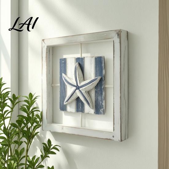Nordic Style Hanging Decor 3D Conch/Starfish/Shell Wooden Frame Wall Art Distressed Coastal Decoration Small Beach House Ornaments Ocean Inspired