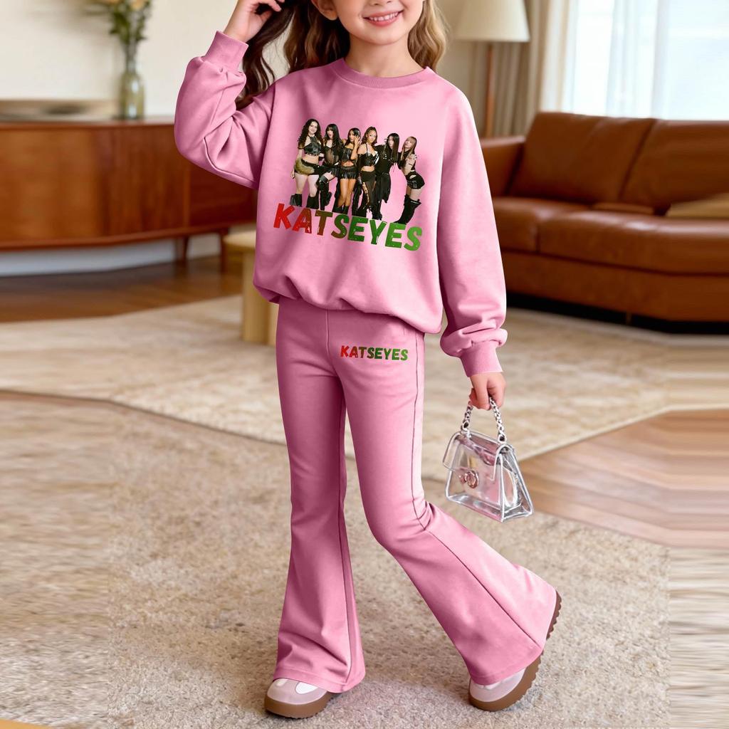 Kids Printed Long Sleeve Neck Top and Pants Set, Casual Loose Fit Outfit for Boys Girls