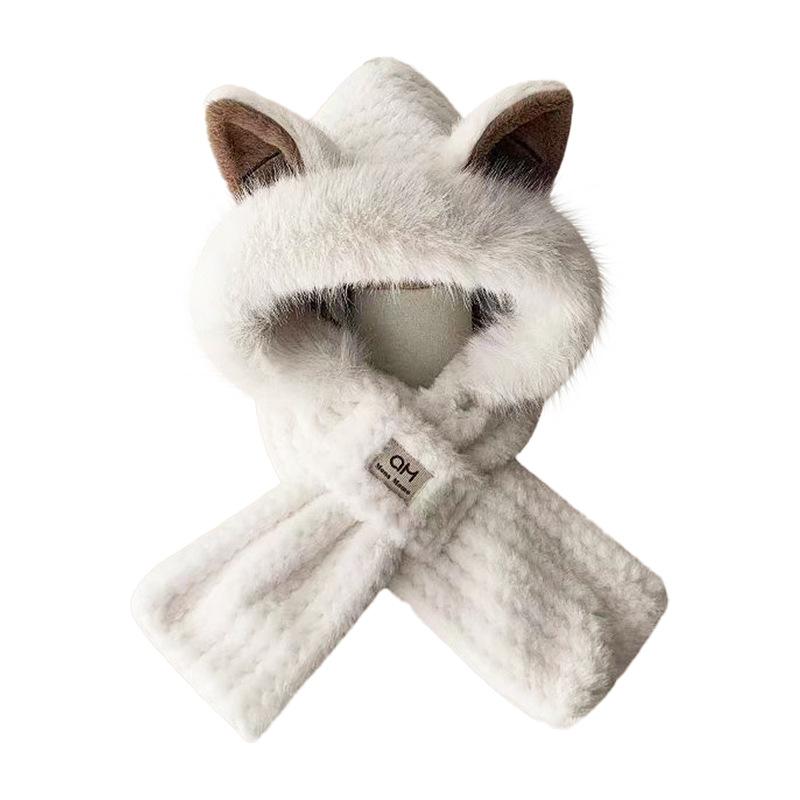 Winter little fox ears plush hat women's scarf integrated warm one piece plush thickened scarf cold two