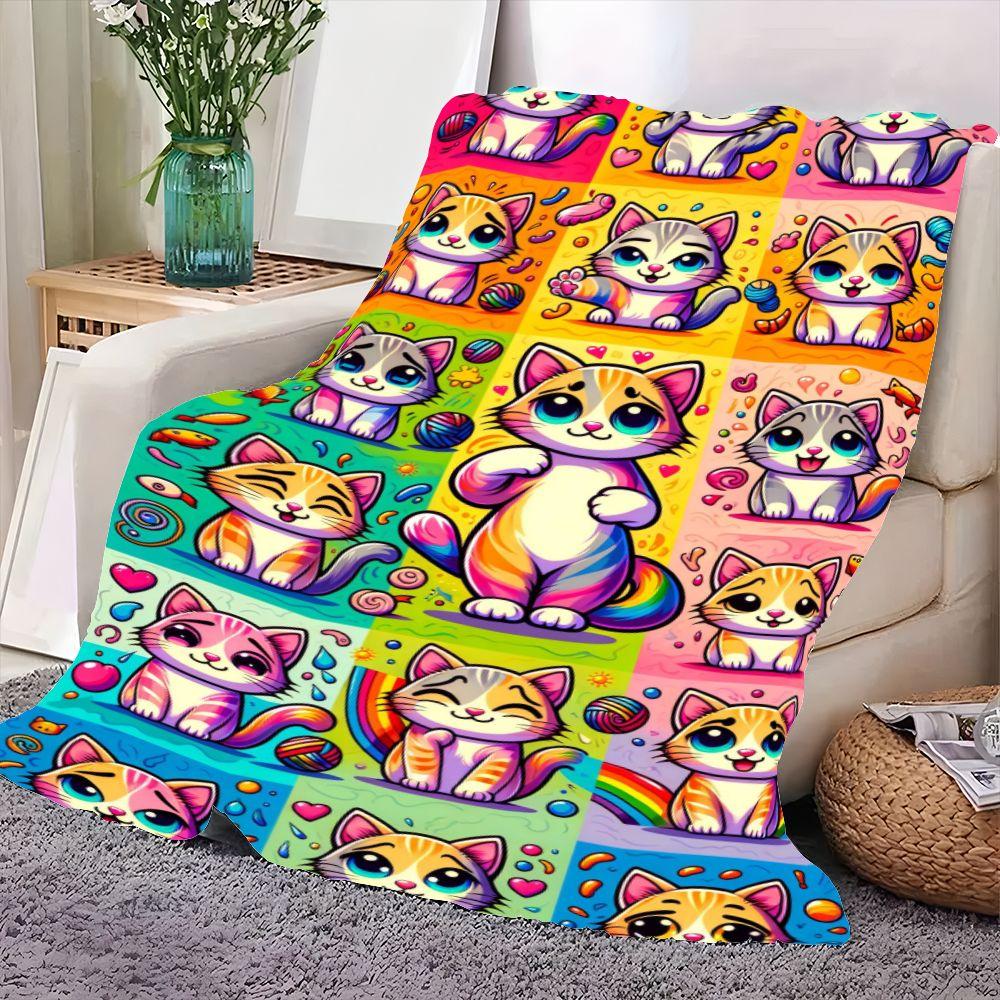 Vibrant Cartoon Cat Throw Blanket - Colorful 5x3 Grid of Cute Cat Designs with Expressive Faces, Whimsical Elements Like Hearts