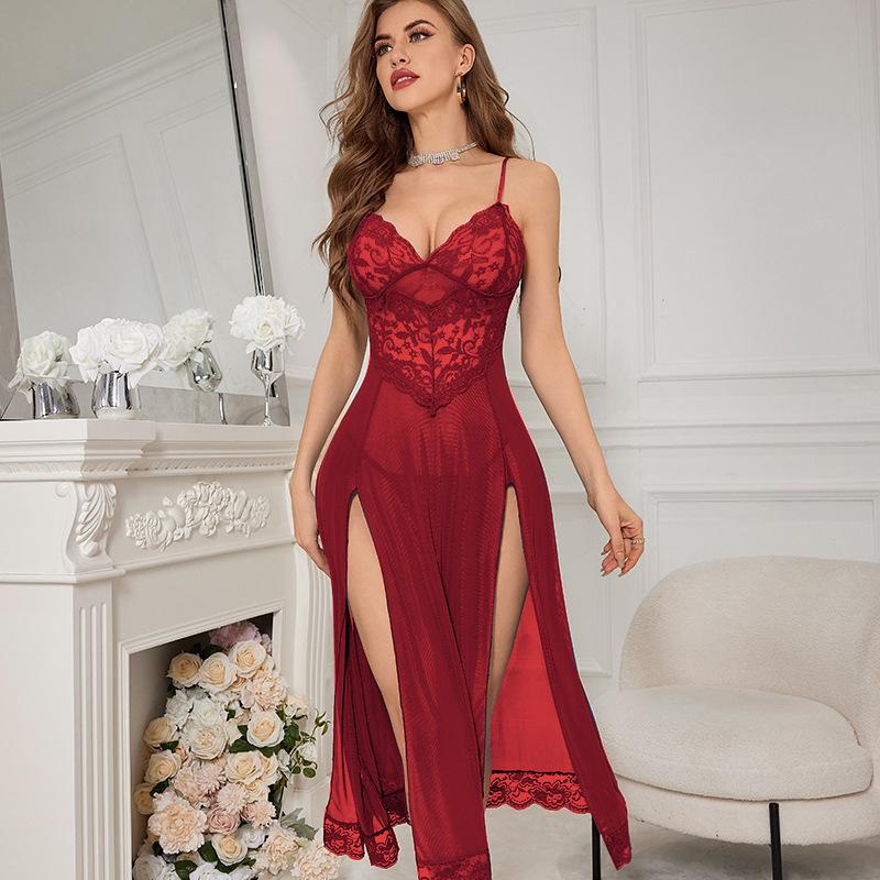

Plus Size Sexy Mesh & Lace Nightgown - Long Slit Design (w621) XX-Large вино красного