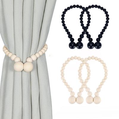Curtain Magnets Holdbacks, Boho Curtain Tiebacks, Wood Color Beads, Room Decor Strong Magnets Curtain Tie Circle Cotton Rope 2 Pcs
