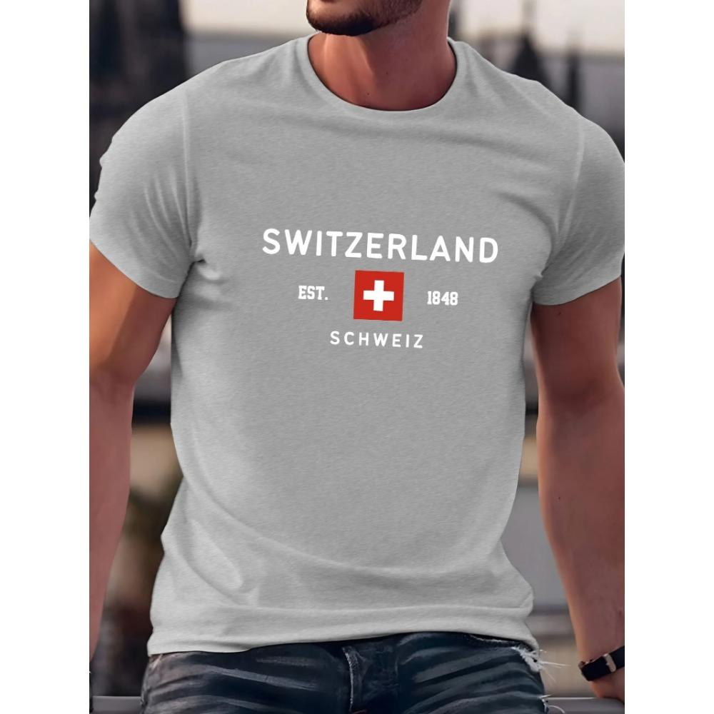 Summer Men's Casual Loose Plus Size Switzerland Pattern Printed Round Neck Short Sleeve Tee T-Shirt Top 2025