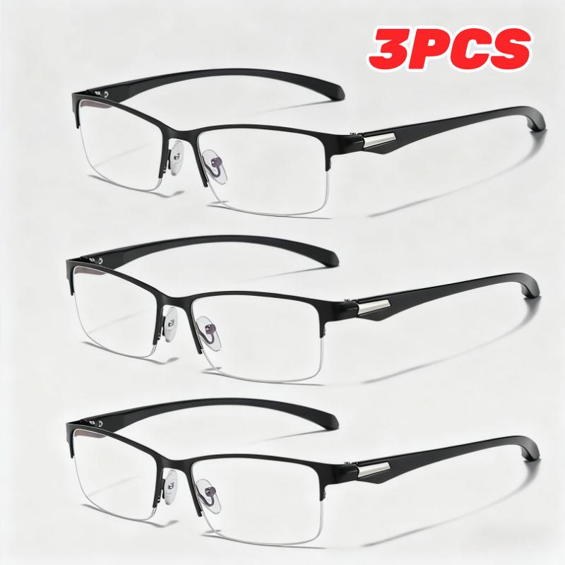 3PCS Men's Fashion Square-Frame Business Reading Glasses Metal Half Frame Single-Vision High-Definition Anti-blue Light Eyewear