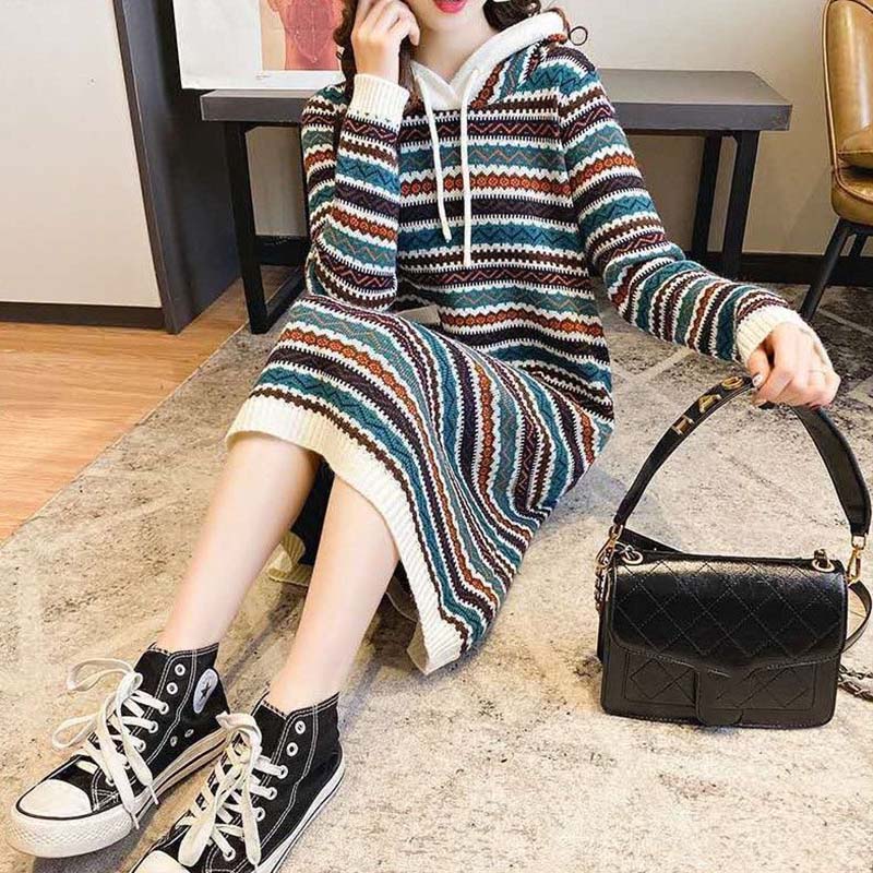 Rochie cu glugă femei toamnă în dungi de lungime mijlocie din dantelă rochie din tricot caldă mânecă lungă elastică confortabilă rochii pulover