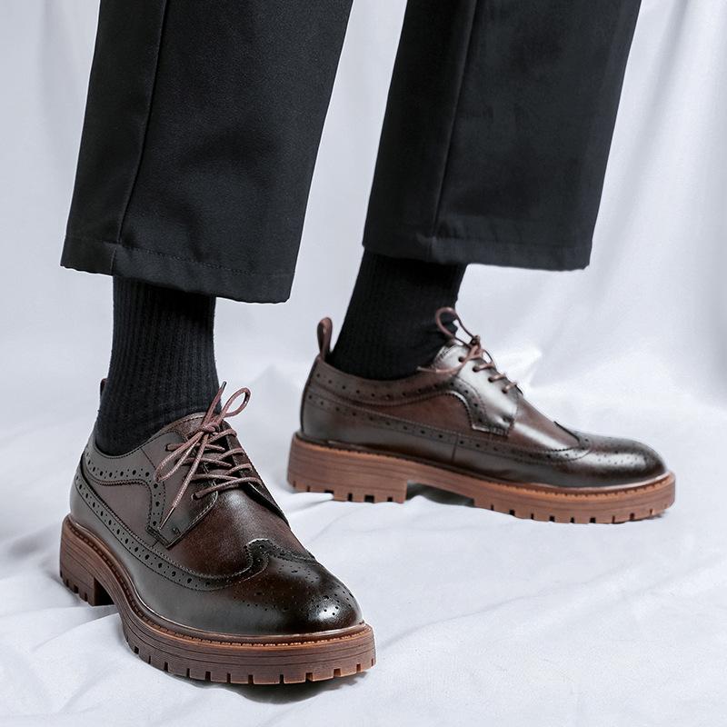 2024 New Brock engraved casual men's shoes British Japanese black heightening small leather shoes men's Korean version 44303-R