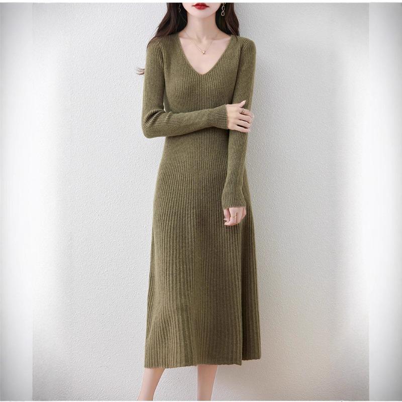 Autumn and Winter New V-neck Thin Medium and Long Knitted Dress Women's Solid Color Temperament Simple Inside with a Bottom Sweater Skirt