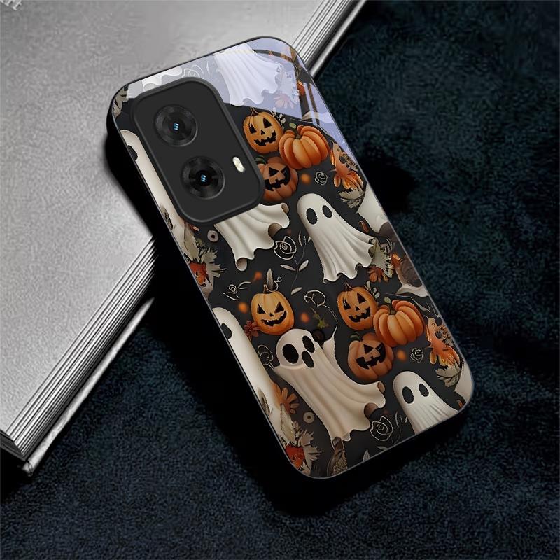 Halloween Ghost Art Black Glass Phone Case For Motorola Moto G14 G22 G24Power G24 G34 G35 G45 G54 55 G75 G84 85 Hard Black Cover
