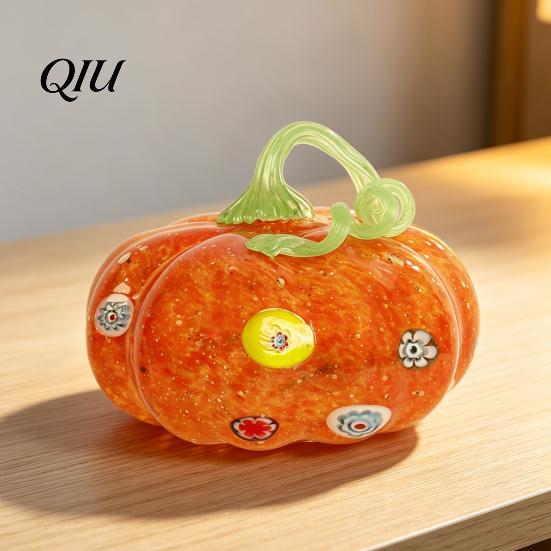 Fall Season Decoration Mini Hand Blown Glass Pumpkin Ornament, Collectible Thanksgiving Halloween Transparent Figurine Faux Crystal Hanging for Fall,