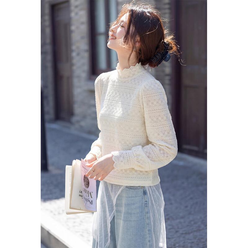 

French Lace Ruffled Long Sleeve Top L