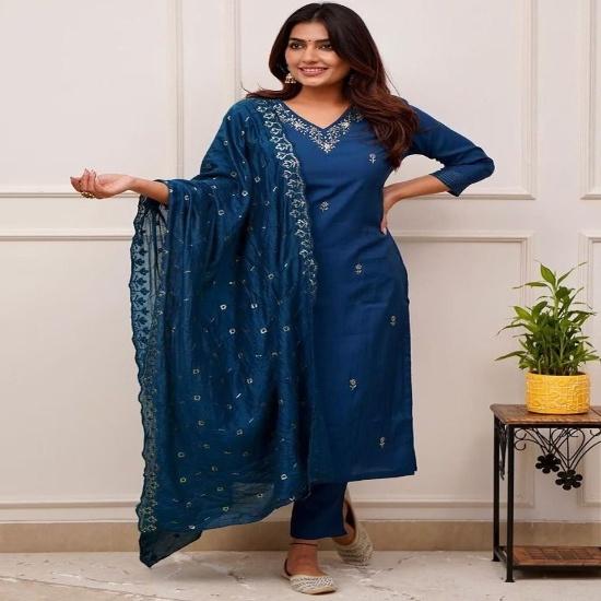 Women's Indigo Blue Cotton Silk Embroidered Kurta with Trousers and Dupatta Set