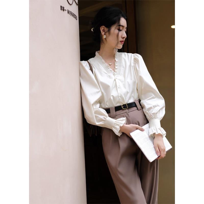 Hemden Damen Frühling All-Match V-Ausschnitt Stilvolles Koreanisches Design Retro Bequem Elegant Lässig Trendig Rüschen Neu Schick Sanft