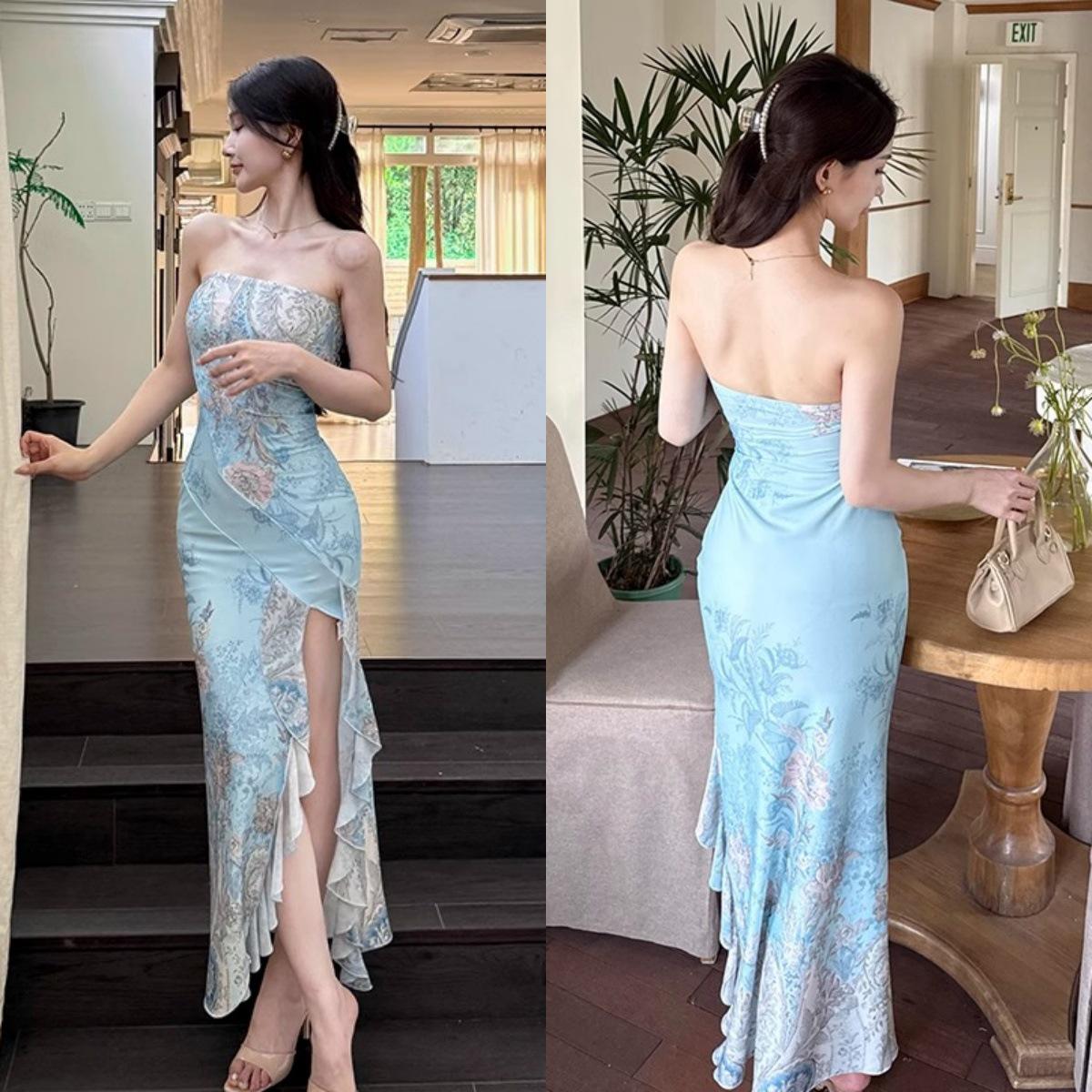 Elegant Floral Qipao: Strapless Retro Chinese-Style Party Dress for Women Extra Extra Large