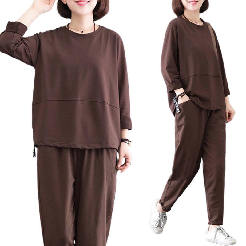 Übergröße Damen Frühling/Herbst Lässiges einfarbiges zweiteiliges Sportbekleidungsset für Mütter mittleren Alters