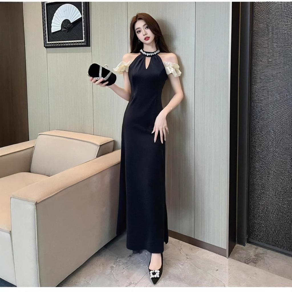 French beautiful sexy neck red fishtail dress long dress female royal sister style new waist slim dress