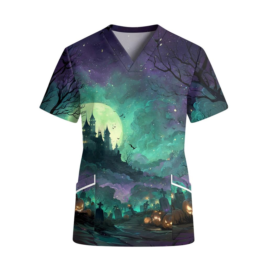 Women's Fashion V Neck Short Sleeve Work Shirt with Pockets Halloween Themed Print Top Suitable for Professional and Casual Wear