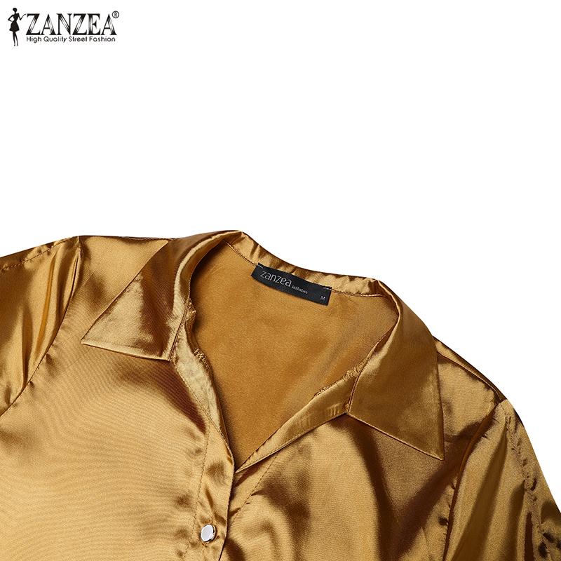 ZANZEA Damska Bluzka Satynowa z Kołnierzykiem i Krótkim Rękawem, Luźna, Casualowa, Patchworkowa