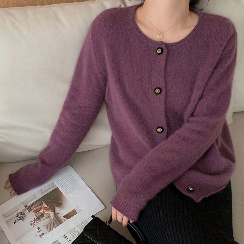 Women's Soft Style Solid Color Knit Cardigan Whitening Loose Lazy Top Hong Kong Retro Button Sweater Jacket