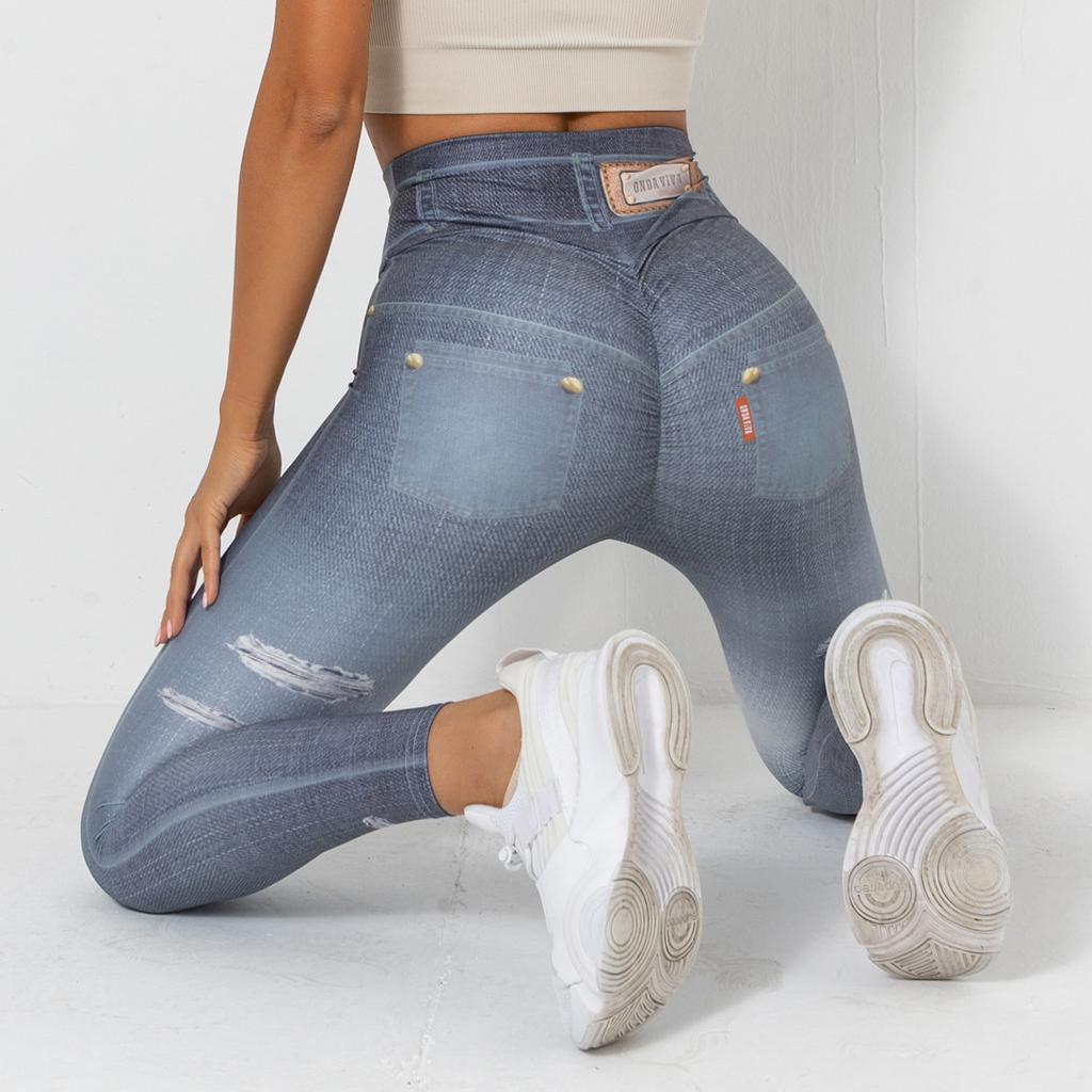 Digital bedruckte Denim-Hose in Blau, enge Höhe, schnelltrocknende Yoga-Hose, Sport-Laufhose, Fitness-Hose für Damen
