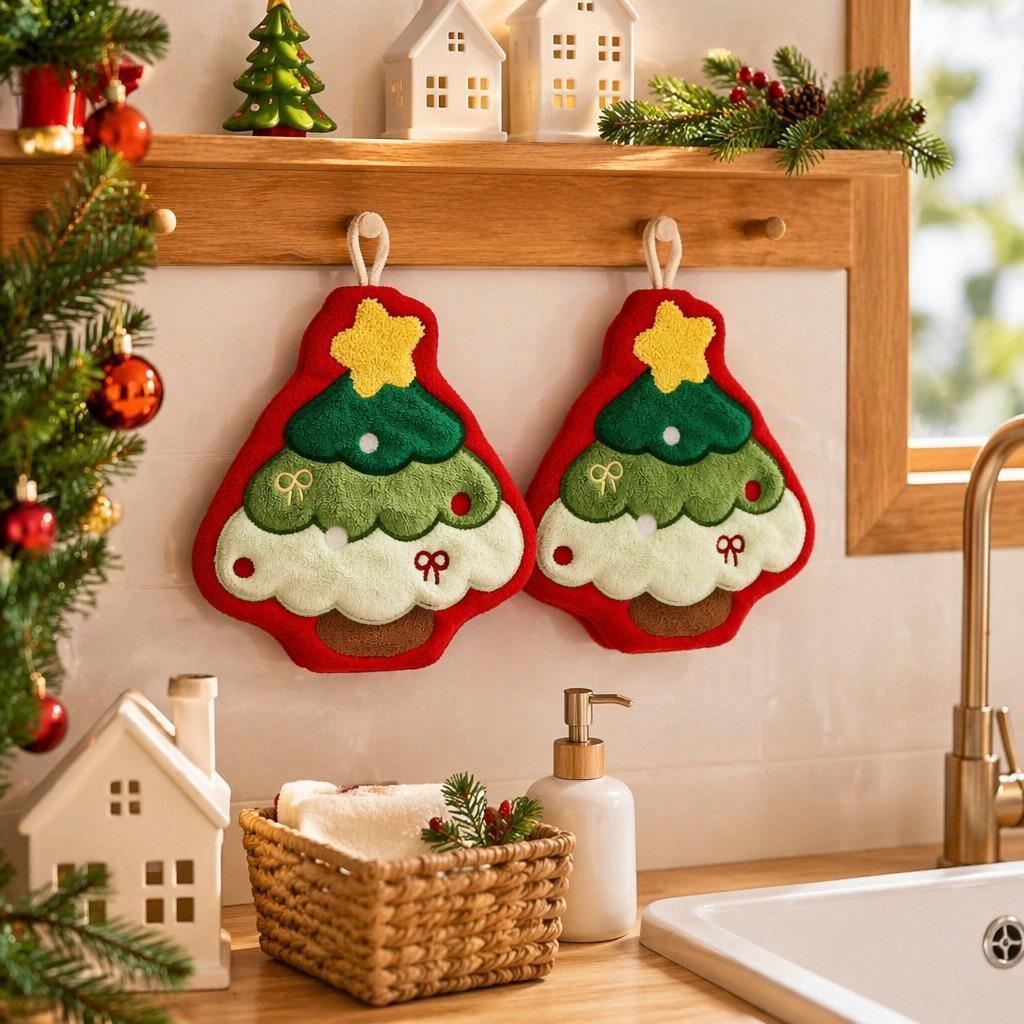 Christmas Hanging Hand Towels for Bathroom Christmas Tree Kitchen Towels with Loop Absorbent Soft Santa Gingerbread Decorative